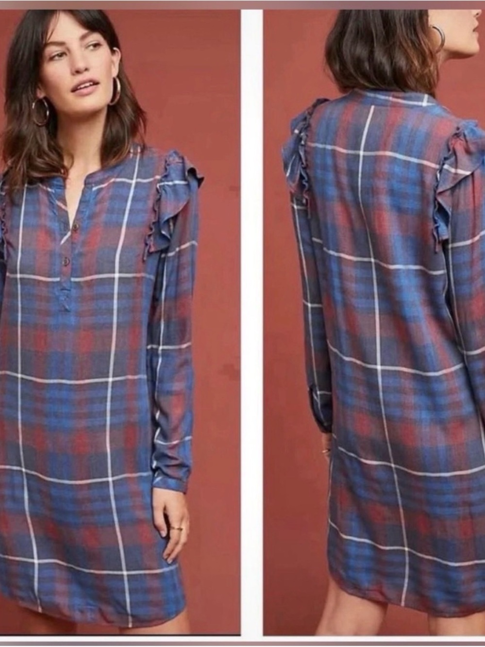Nwt Cloth & Stone Anthropologie Navy Burgundy Plaid Ruffle Shoulder Tunic Medium